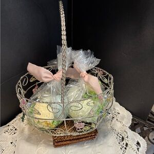Delicate Silver Filigree Wire Basket with Pastel Easter Eggs